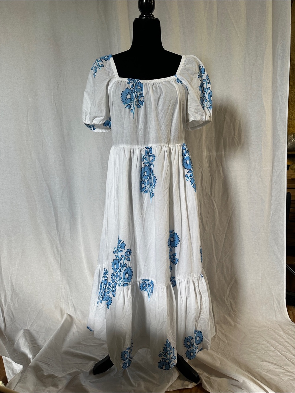 White MaxiDress with Blue Floral Print - Puff Sleeve Peasant Style